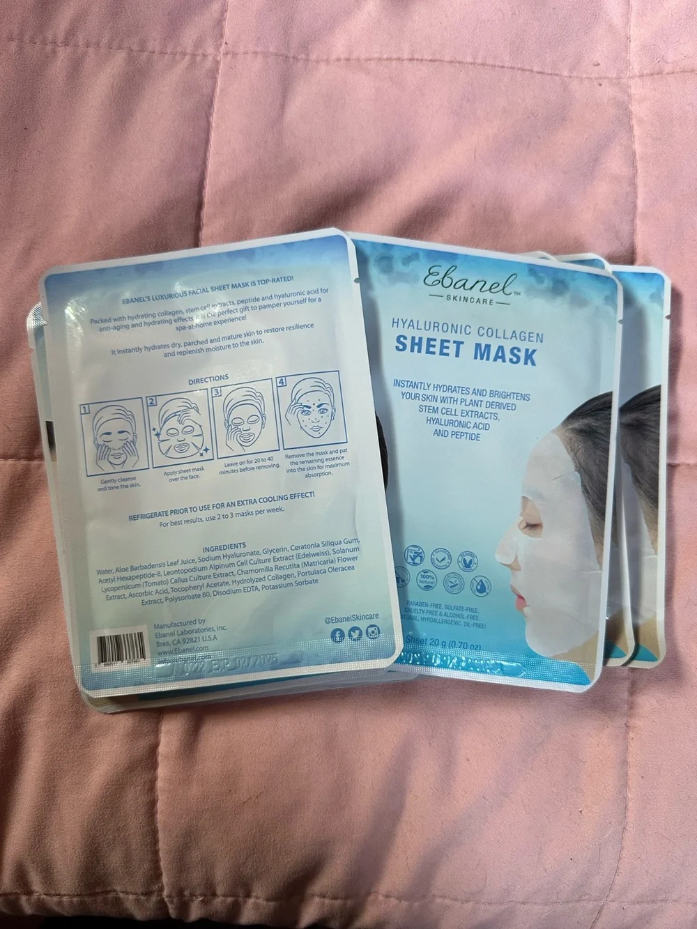 Ebanel Hyaluronic Collagen Sheet Mask - Hydrating Face Mask (Blue) pack of 10